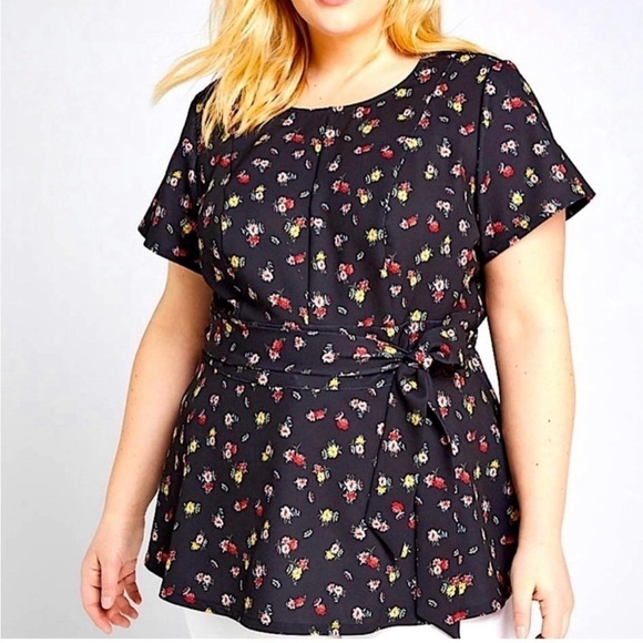 Lane Bryant Round-Neck Lena Peplum Top Belted Black Floral Plus Sz 24 - Picture 1 of 11